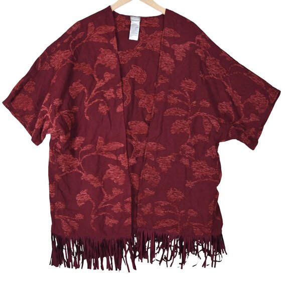Chico’s Red Fringe Kimono Jacket L/XL Boho Western Floral Drape Open Front - Picture 3 of 8